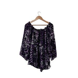 Womens Off-Shoulder Purple Black Geometric Print Blouse 3/4 Sleeves Size XL 100%